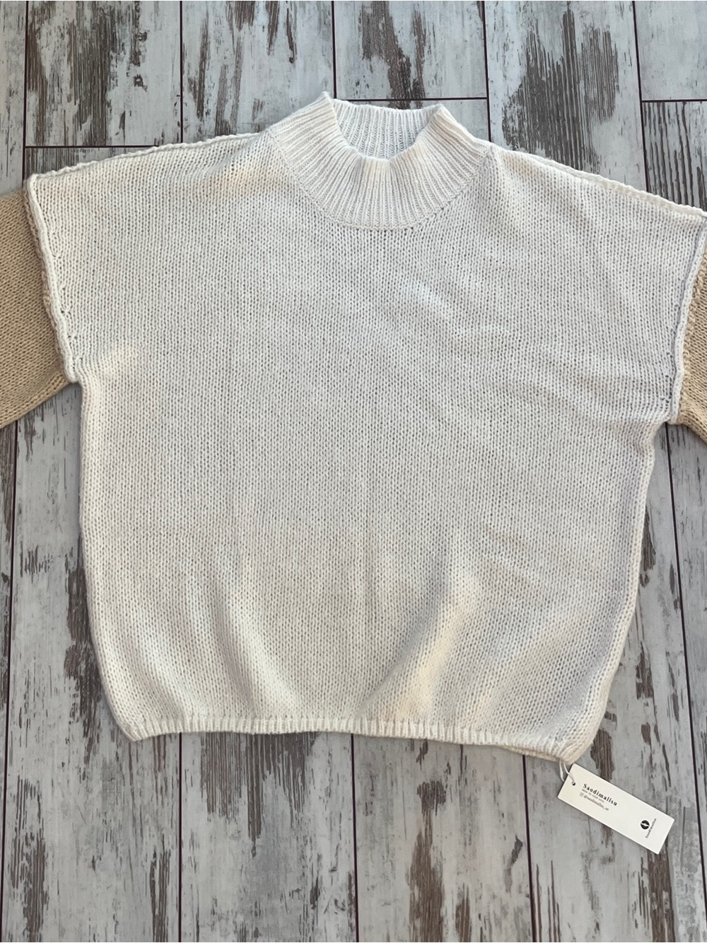 Saodimallsu Womens Medium White Beige Oversized Textured Knit Mock Neck Sweater - Picture 6 of 11